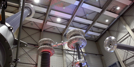 Interior view of the HVDC test centre with HV source and voltage divider